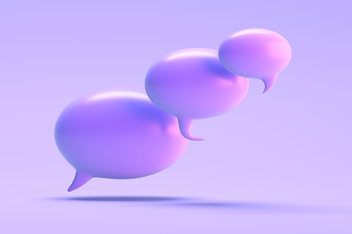 3D rendering of speech bubble. Talking rectangular cloud. White speech bubble high quality. Blue background.