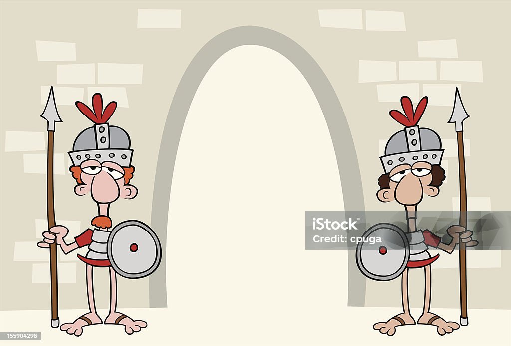 Guard Announcement Invitation Vector cartoon of two guards standing in front of open gate. Perfect for announcements and invitations. Castle stock vector