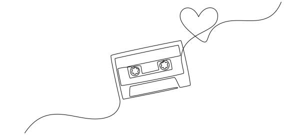 One continuous line drawing of audio cassette tape with heart. Retro and vintage music and love song mix concept in simple linear style. Editable stroke. Doodle Vector illustration One continuous line drawing of audio cassette tape with heart. Retro and vintage music and love song mix concept in simple linear style. Editable stroke. Doodle Vector illustration. mix tape heart stock illustrations