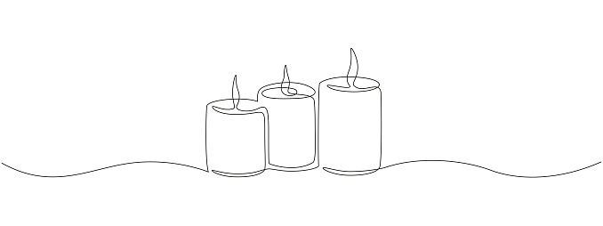 One continuous line drawing of wax or paraffin candle. Christmas home decoration and aromatherapy concept in simple linear style. Editable stroke. Doodle Vector illustration.