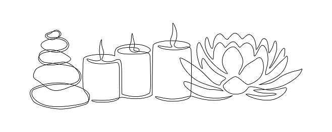 One continuous line drawing of wellness and spa treatment. Candle stones and lotus flower for zen and balance concept in simple linear style. Editable stroke. Doodle contour vector illustration.