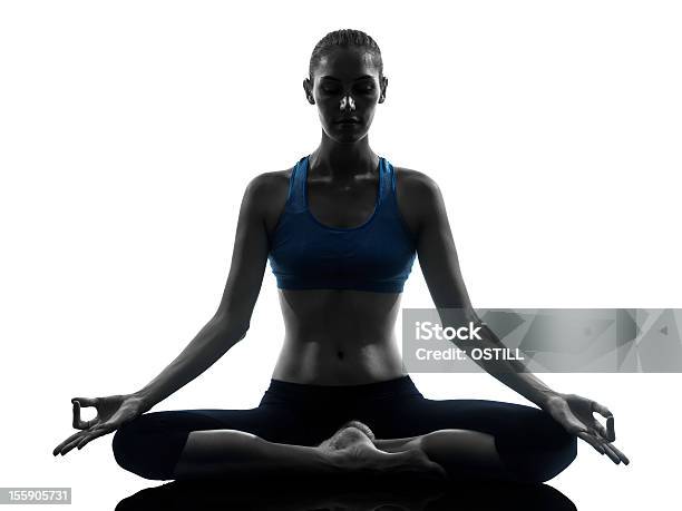 Woman Meditating While Doing Yoga Stock Photo - Download Image Now - Yoga, In Silhouette, White Background