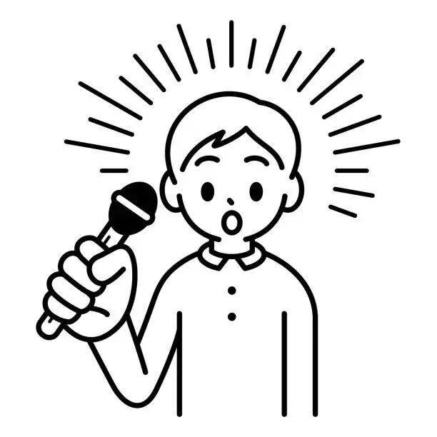 Vector illustration of A boy holding a microphone, looking at the viewer, minimalist style, black and white outline