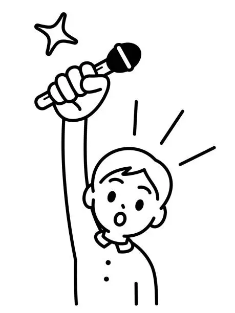 Vector illustration of A boy raises his right hand and holds a microphone, looking at the viewer, minimalist style, black and white outline