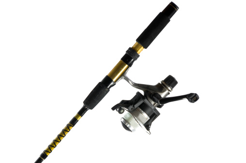 A spinning fishing rod and reel on a white background.