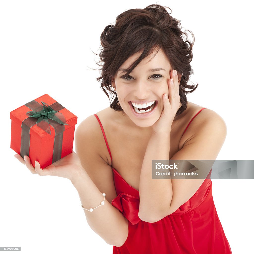 Surpris jeune femme avec rouge boîte-cadeau - Photo de Anniversaire libre de droits
