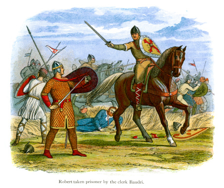 Vintage colour engraving from 1864 showing Robert Curthose Duke of Normandy being captured at the Battle of Tinchebray in 1106