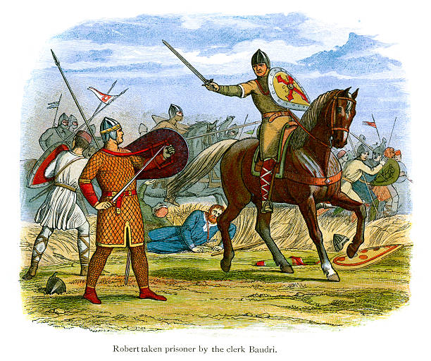 Robert taken prisoner by the clerk Baudri Vintage colour engraving from 1864 showing Robert Curthose Duke of Normandy being captured at the Battle of Tinchebray in 1106 norman style stock illustrations