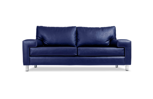 Blue leather sofa, isolated with clipping path.