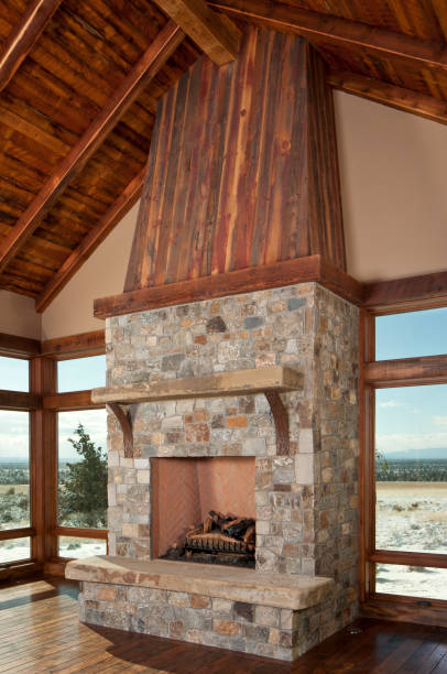 istock Barn wood ceiling and brick fireplace 155908765