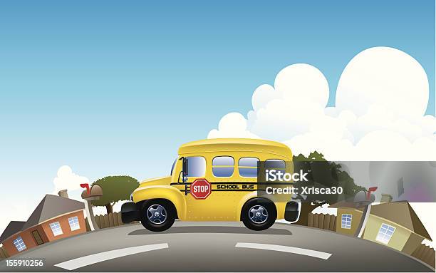 Autobus Szkolny W Dzielnicy Mieszkalnej - Stockowe grafiki wektorowe i więcej obrazów Autobus - Autobus, Autobus szkolny, Dom - Budowla mieszkaniowa