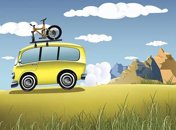 Vector illustration of classic van on adventure trip