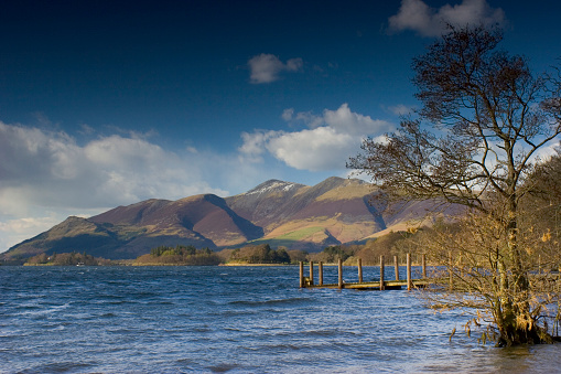 A jetty on Derwent Water and Skiddaw mountain, Lake District, Cumbria, UK