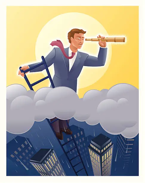 Vector illustration of Businessmen on Ladder Looking above the Storm