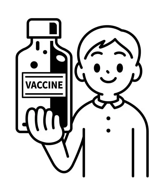 Vector illustration of A boy holding a big vaccine bottle, looking at the viewer, minimalist style, black and white outline