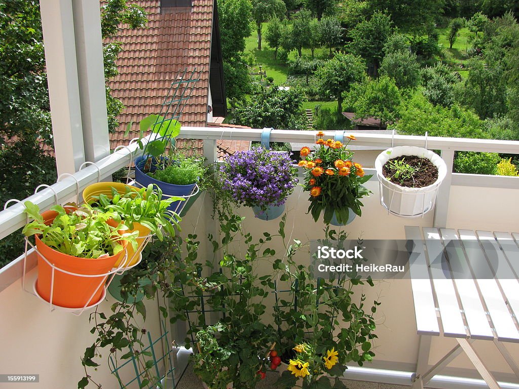 Balkon z kwiatów i warzyw w flowerpots - Zbiór zdjęć royalty-free (Balkon)