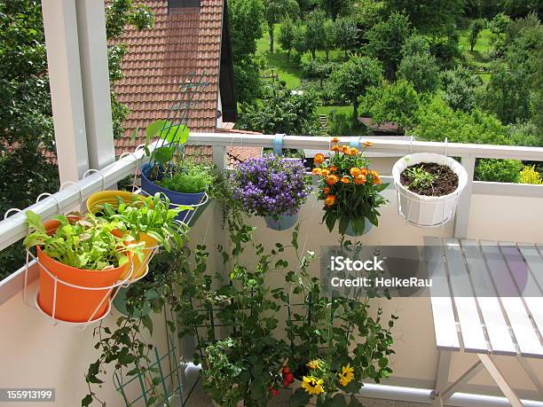 Balkon Z Kwiatów I Warzyw W Flowerpots - zdjęcia stockowe i więcej obrazów Balkon - Balkon, Ogród warzywny, Wiszący kosz na kwiaty