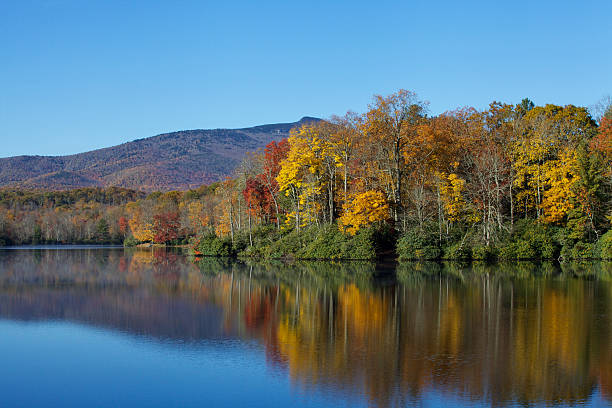 Fall colors reflected on a mountain lake stock photo