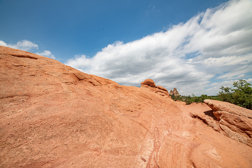 Massive red sandstone rock formations in the Garden of the Gods in Colorado Springs, Colorado in western USA of North America