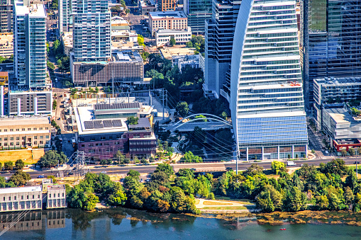 Aerial view of the buildings along the banks of the Colorado River in downtown Austin, Texas from about 1000 feet in altitude during a helicopter photo flight.