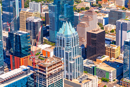 Full frame close up view of buildings in downtown Austin, Texas shot from an altitude of about 800 feet.