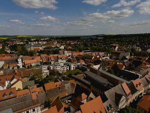 A scenery of Ravensburg town, town with lots of towers, in the southern of Germany with cloudy blue sky.