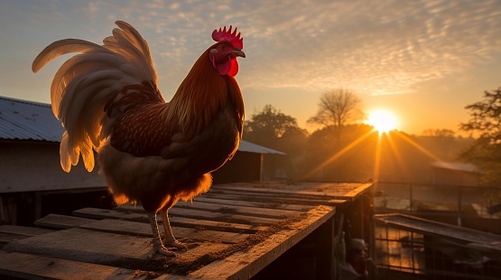 An outdoor image of a large brown rooster perched atop a wooden platform at sunrise