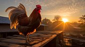 Outdoor image of a large brown rooster perched atop a wooden platform at sunrise