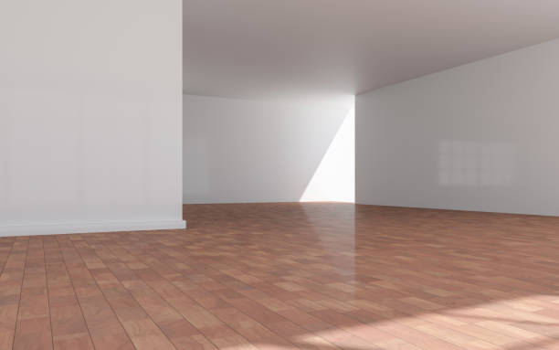 istock 3D rendering of white wood flooring, open and clean room 1559328343
