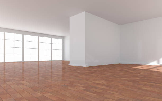 istock 3D rendering of white wood flooring, open and clean room 1559328353