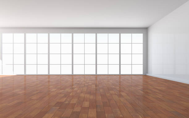 istock 3D rendering of white wood flooring, open and clean room 1559329420