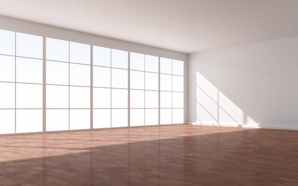 Empty living room with big window, wood floor, stair at the daylight