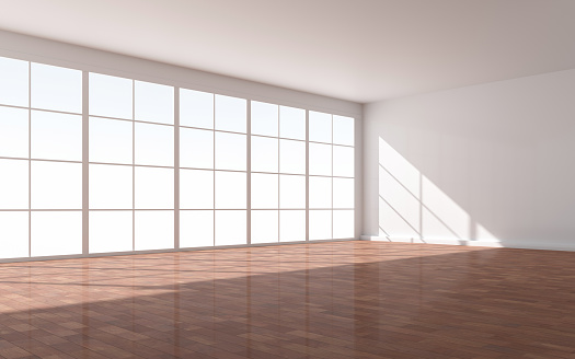 Empty living room with big window, wood floor, stair at the daylight