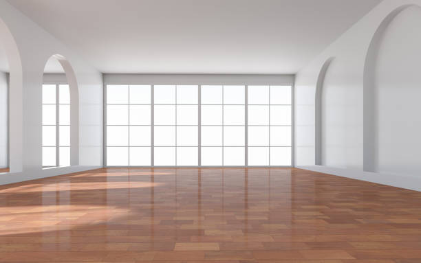 istock 3D rendering of white wood flooring, open and clean room 1559330536