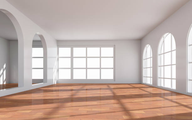 istock 3D rendering of white wood flooring, open and clean room 1559332640