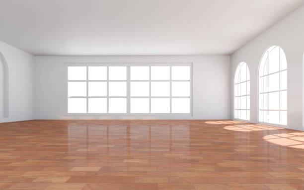 istock 3D rendering of white wood flooring, open and clean room 1559332642