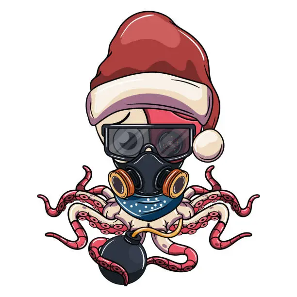 Vector illustration of Cartoon sad cyborg octopus character with santa claus hat, glasses and gas mask with a bomb. Illustration for fantasy, science fiction and adventure comics