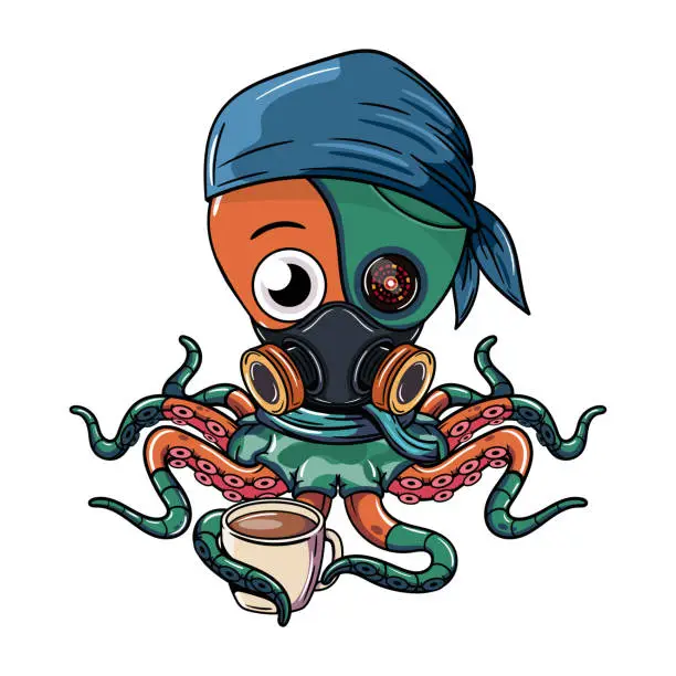 Vector illustration of Cartoon cyborg octopus character wearing gas mask with a cup of coffee. Illustration for fantasy, science fiction and adventure comics