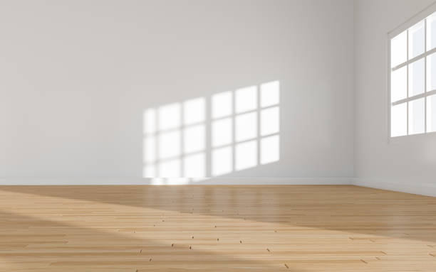 istock 3D rendering of white wood flooring, open and clean room 1559353649
