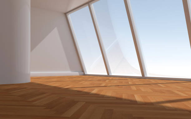 istock 3D rendering of white wood flooring, open and clean room 1559355730