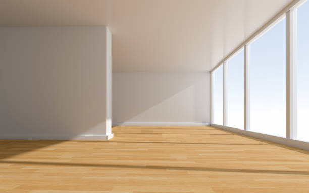 istock 3D rendering of white wood flooring, open and clean room 1559357399