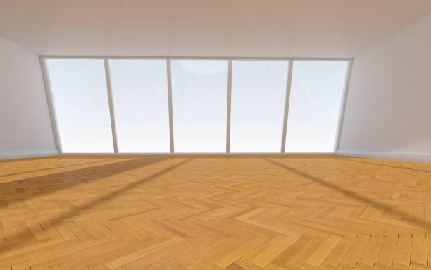 istock 3D rendering of white wood flooring, open and clean room 1559361086