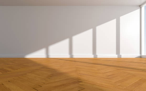 istock 3D rendering of white wood flooring, open and clean room 1559362754