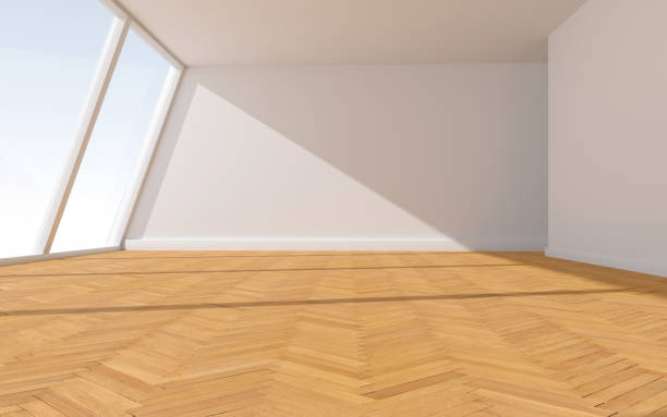 istock 3D rendering of white wood flooring, open and clean room 1559362757