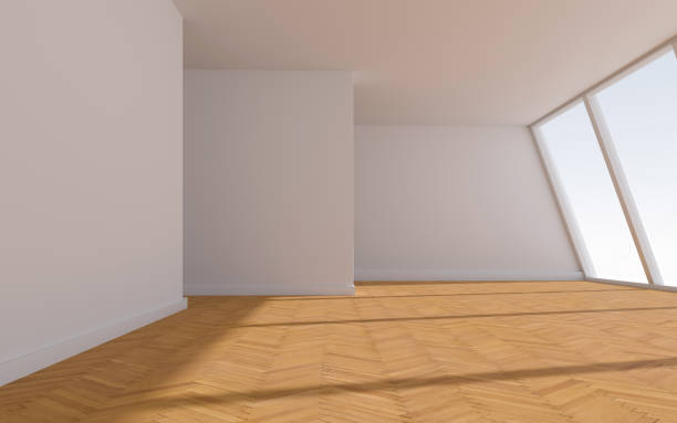 istock 3D rendering of white wood flooring, open and clean room 1559364951