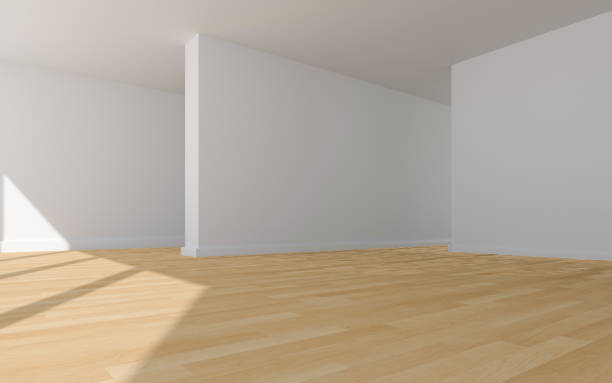 istock 3D rendering of white wood flooring, open and clean room 1559364955