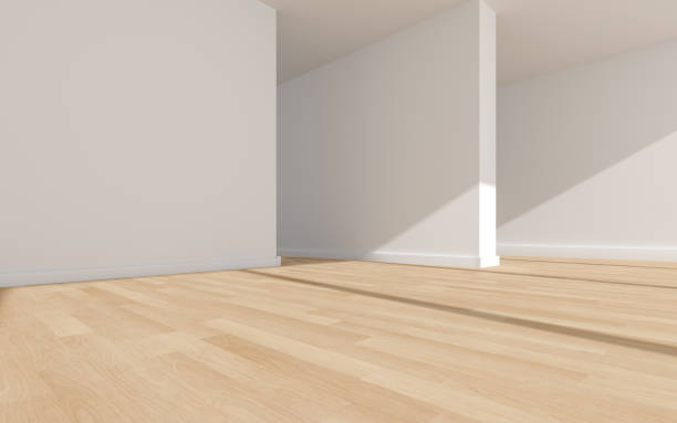 istock 3D rendering of white wood flooring, open and clean room 1559367114