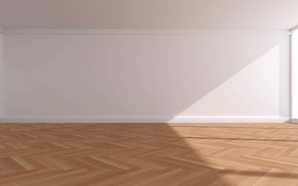 istock 3D rendering of white wood flooring, open and clean room 1559371991