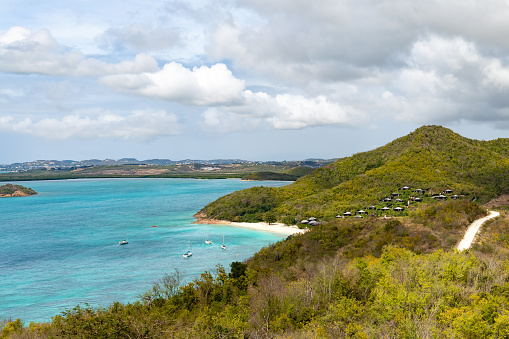 Aerial view of Hermitage bay beach, Pearns Hill, Antigua, Barbuda, Antigua and Barbuda