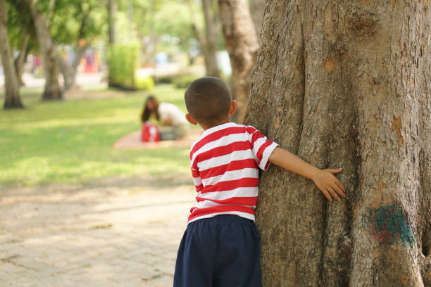 ein junge versteckt sich hinter einem baum, damit seine mutter sie nicht sehen kann - cant see the wood for the trees stock-fotos und bilder